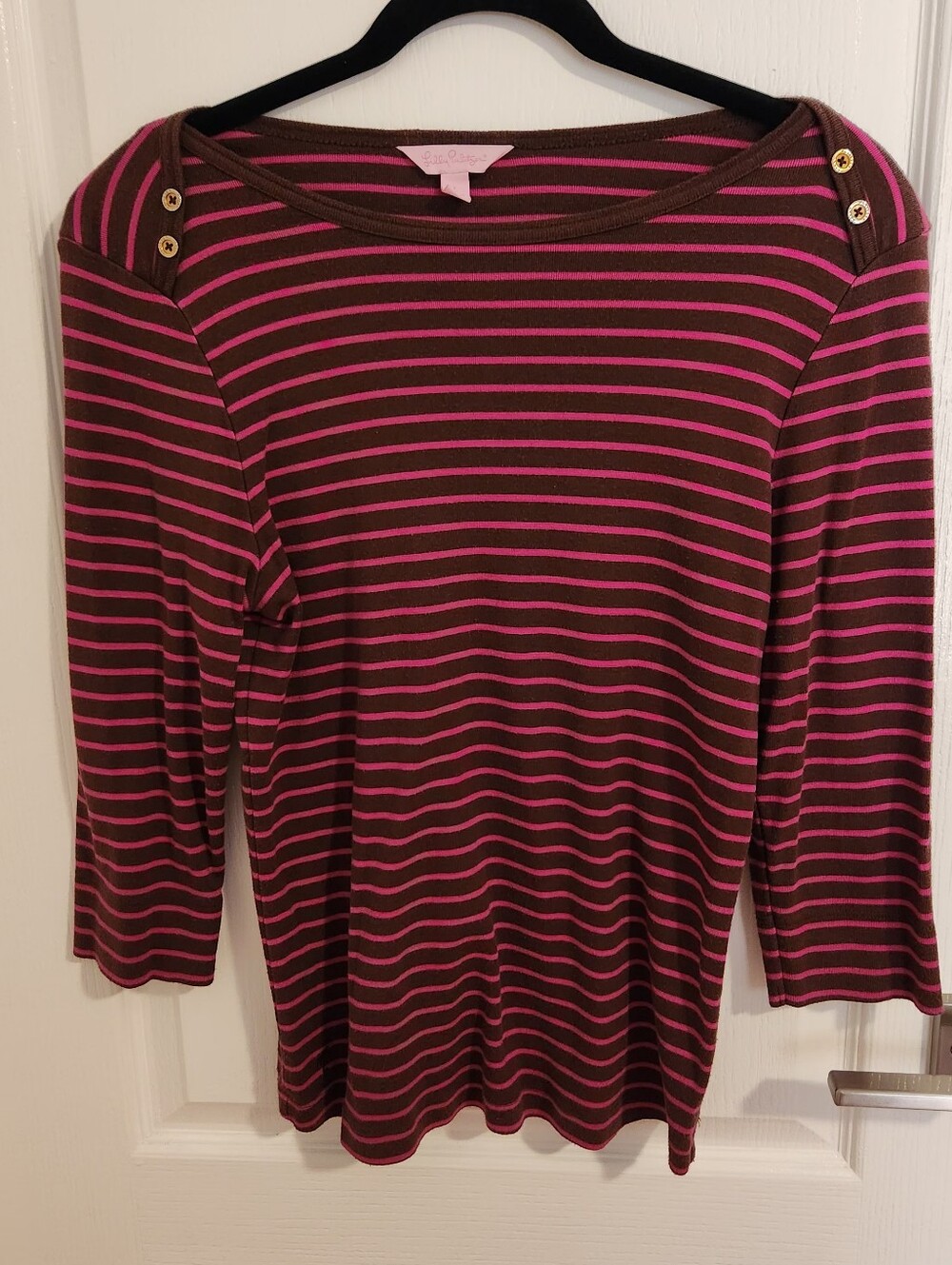 Lilly Pulitzer Pink and Brown Striped Boatneck Long Sleeve Top